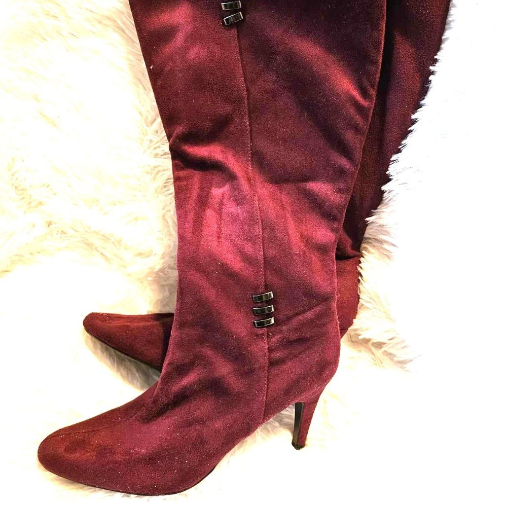 Suede Knee High Boots with Heel, Burgundy, Dark Plum, Size 7, Wide Calf